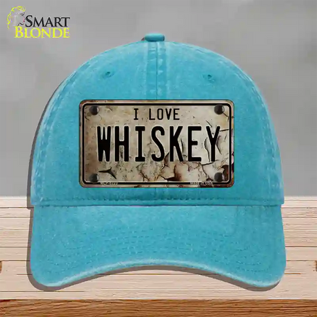 I Love Whiskey Novelty License Plate Hat Unconstructed Cotton / Lake Blue