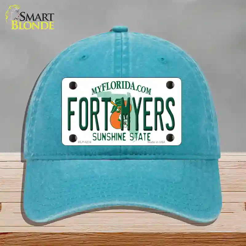 Fort Myers Florida Novelty License Plate Hat Unconstructed Cotton / Lake Blue