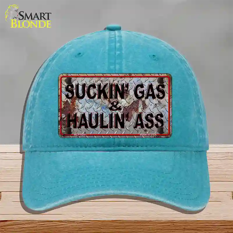 Suckin Gas Haulin Ass Vintage Novelty License Plate Hat Unconstructed Cotton / Lake Blue