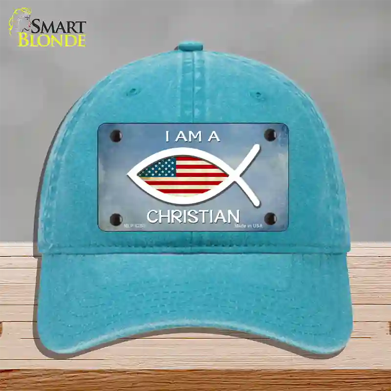 I Am A Christian Novelty License Plate Hat Unconstructed Cotton / Lake Blue