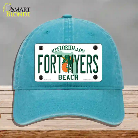 Fort Myers Beach Novelty License Plate Hat Unconstructed Cotton / Lake Blue