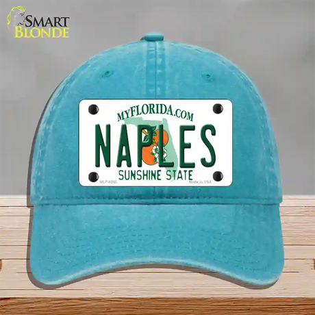 Naples Florida Novelty License Plate Hat Unconstructed Cotton / Lake Blue