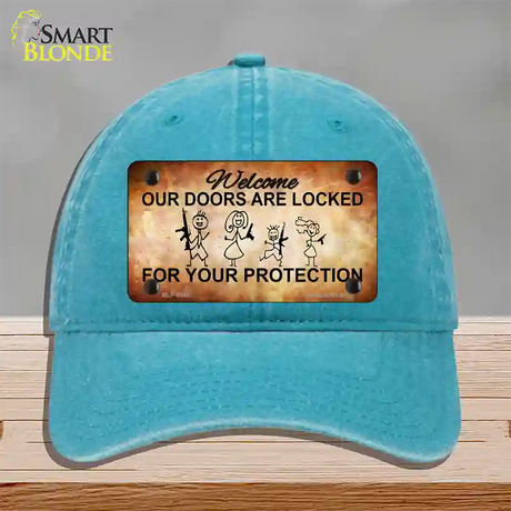 Doors Locked Your Protection Novelty License Plate Hat Unconstructed Cotton / Lake Blue