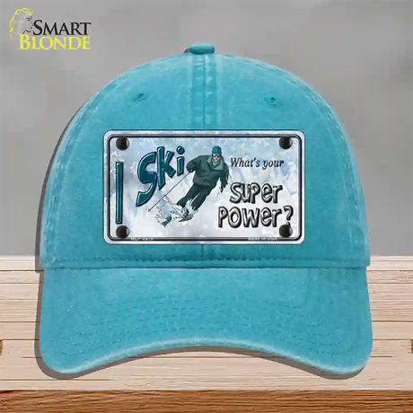 I Ski What's Your Super Power Male Novelty License Plate Hat Unconstructed Cotton / Lake Blue