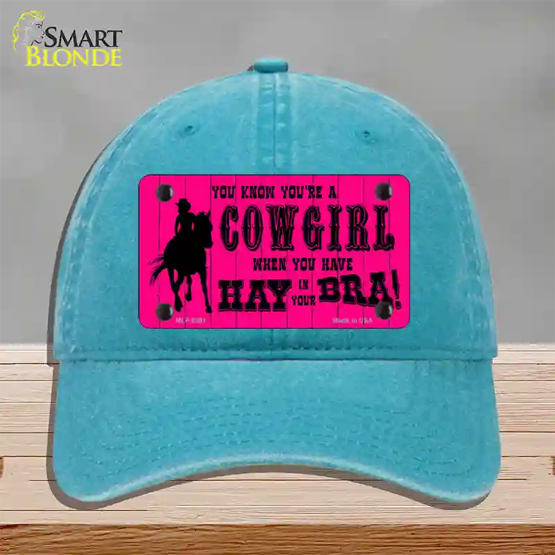 Pink Cowgirl Novelty License Plate Hat Unconstructed Cotton / Lake Blue