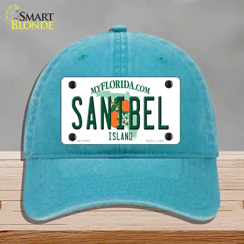 Sanibel Florida Novelty License Plate Hat Unconstructed Cotton / Lake Blue