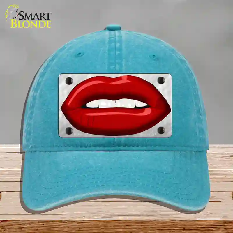 Red Lips Novelty License Plate Hat Unconstructed Cotton / Lake Blue