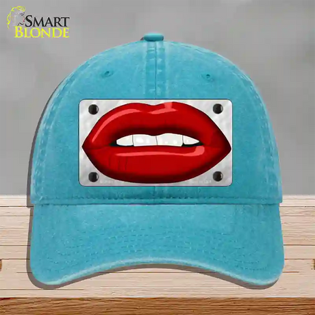 Red Lips Novelty License Plate Hat Unconstructed Cotton / Lake Blue