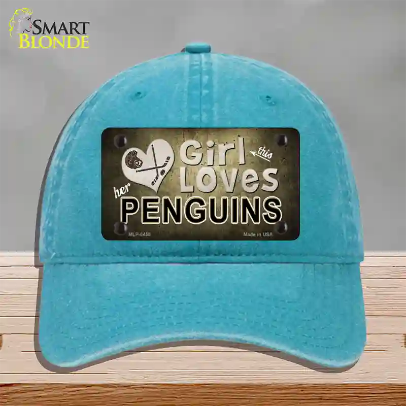 This Girl Loves Her Penguins Novelty License Plate Hat Unconstructed Cotton / Lake Blue