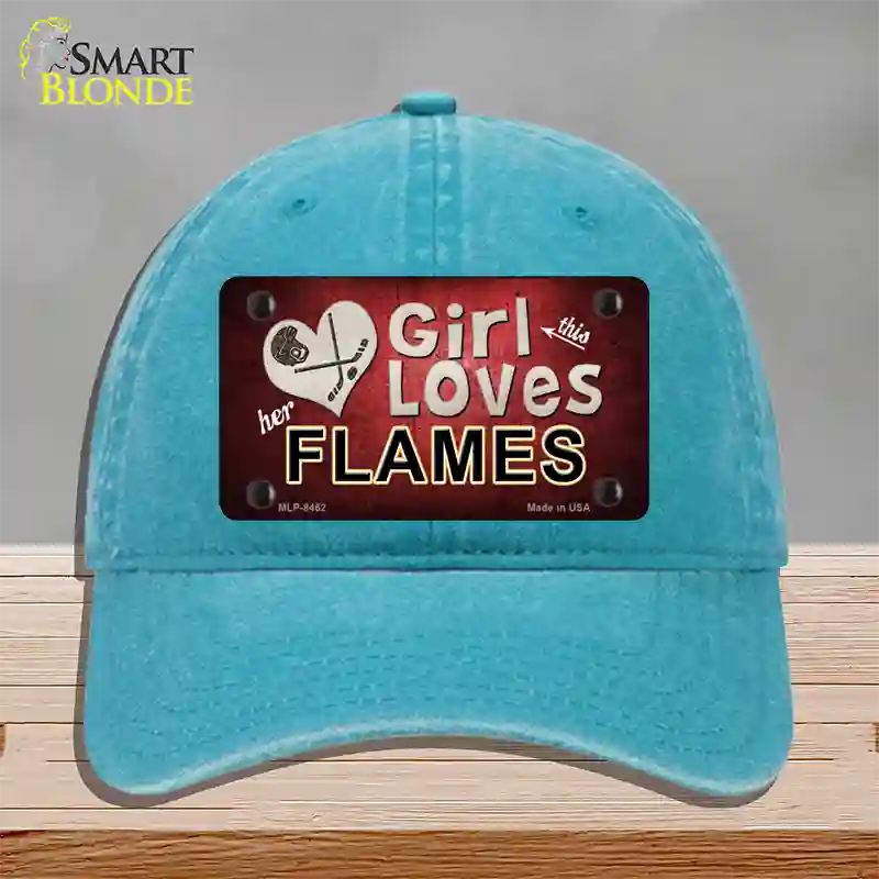 This Girl Loves Her Flames Novelty License Plate Hat Unconstructed Cotton / Lake Blue