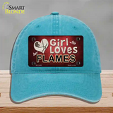 This Girl Loves Her Flames Novelty License Plate Hat Unconstructed Cotton / Lake Blue