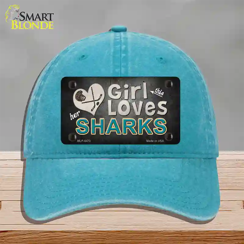 This Girl Loves Her Sharks Novelty License Plate Hat Unconstructed Cotton / Lake Blue