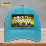 This Girl Loves Michigan Novelty License Plate Hat Unconstructed Cotton / Lake Blue