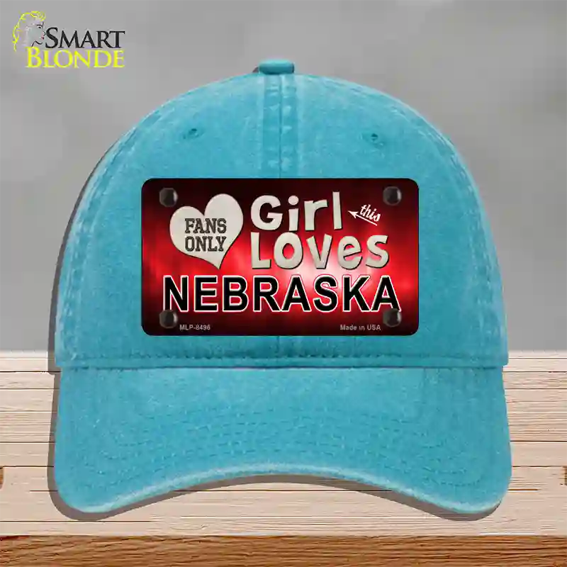 This Girl Loves Nebraska Novelty License Plate Hat Unconstructed Cotton / Lake Blue