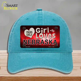 This Girl Loves Nebraska Novelty License Plate Hat Unconstructed Cotton / Lake Blue