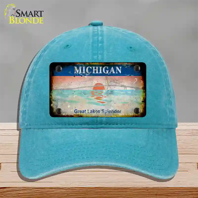 Michigan Rusty State Novelty License Plate Hat Unconstructed Cotton / Lake Blue