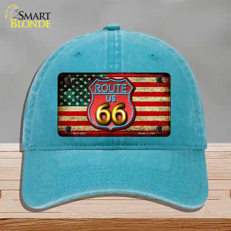 American Route 66 Neon Novelty License Plate Hat Unconstructed Cotton / Lake Blue