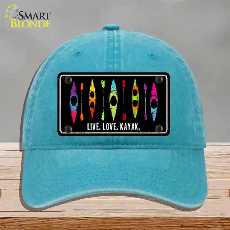 Live Love Kayak Novelty License Plate Hat Unconstructed Cotton / Lake Blue