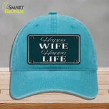 Happy Wife Happy Life Novelty License Plate Hat Unconstructed Cotton / Lake Blue