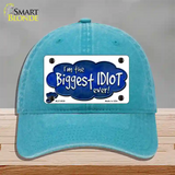 Biggest Idiot Novelty License Plate Hat Unconstructed Cotton / Lake Blue