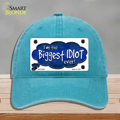 Biggest Idiot Novelty License Plate Hat Unconstructed Cotton / Lake Blue