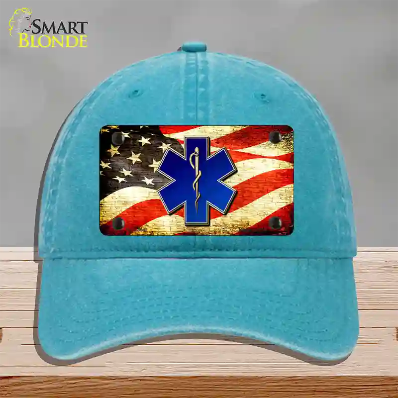 EMT Logo With USA Flag Novelty License Plate Hat Unconstructed Cotton / Lake Blue