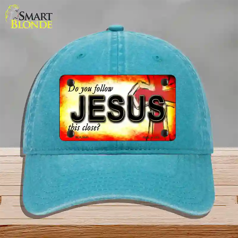 Follow Jesus This Close Novelty License Plate Hat Unconstructed Cotton / Lake Blue