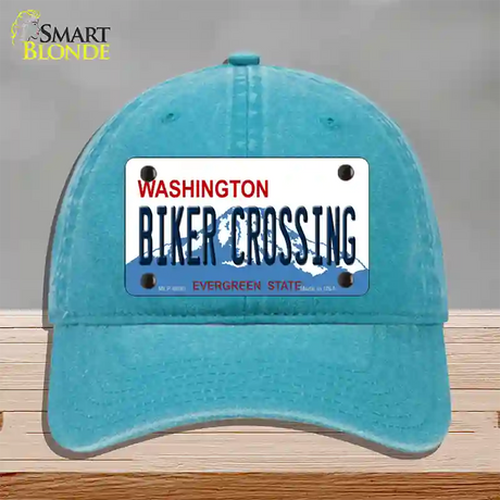 Biker Crossing Washington Novelty License Plate Hat Unconstructed Cotton / Lake Blue