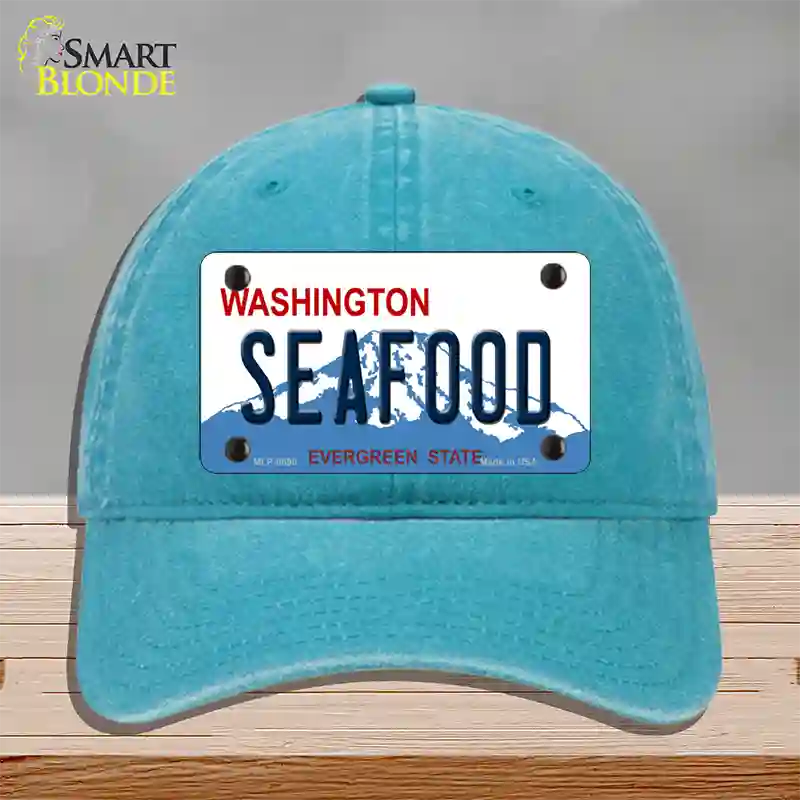 Seafood Washington Novelty License Plate Hat Unconstructed Cotton / Lake Blue