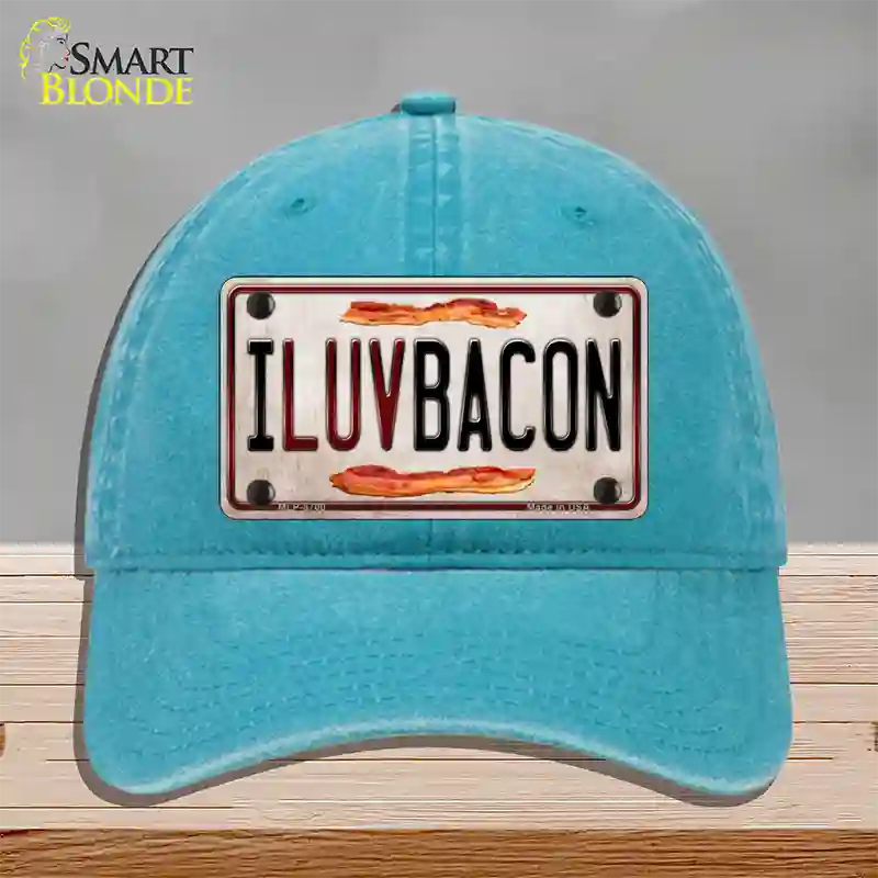 I Luv Bacon Novelty License Plate Hat Unconstructed Cotton / Lake Blue