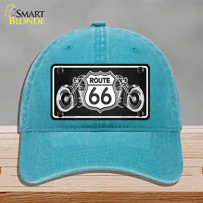 Route 66 With Bikes Novelty License Plate Hat Unconstructed Cotton / Lake Blue