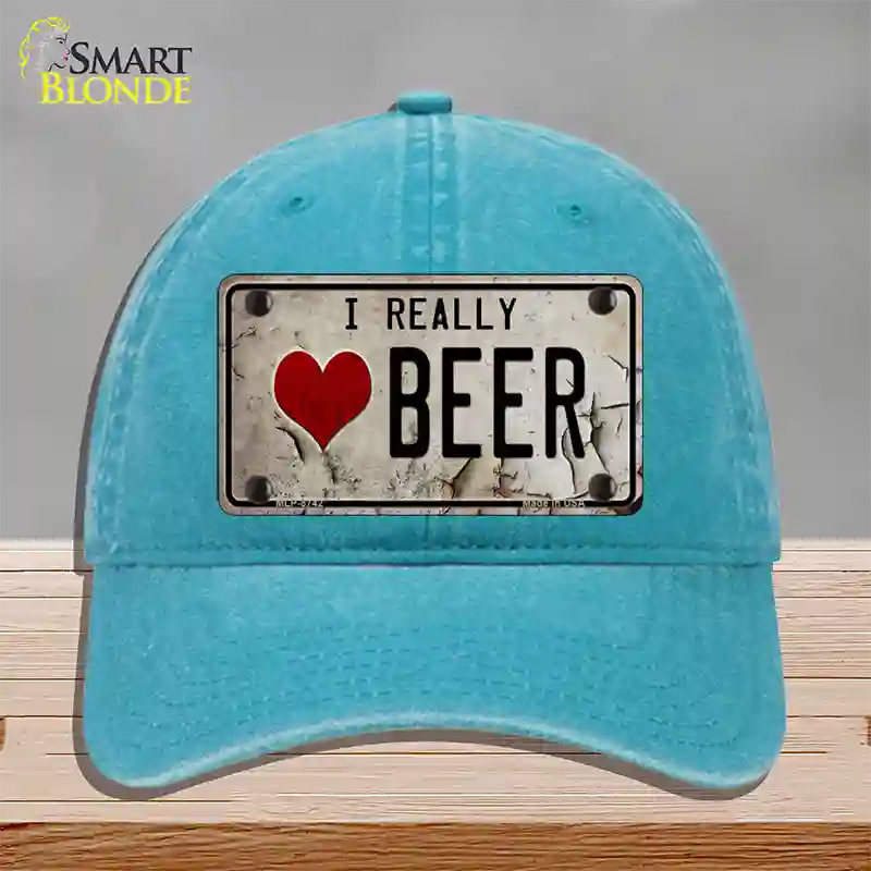 I Love Beer Novelty License Plate Hat Unconstructed Cotton / Lake Blue