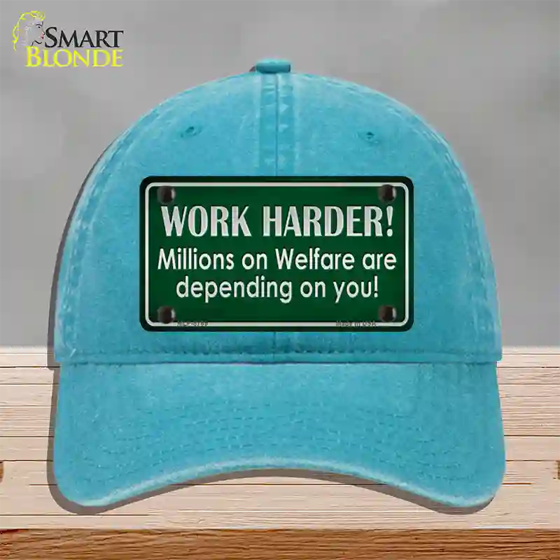 Work Harder Novelty License Plate Hat Unconstructed Cotton / Lake Blue