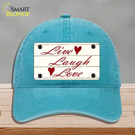 Live, Laugh, Love Novelty License Plate Hat Unconstructed Cotton / Lake Blue