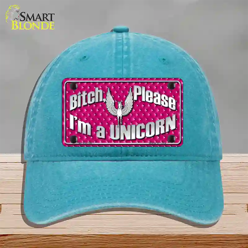 Bitch Please Novelty License Plate Hat Unconstructed Cotton / Lake Blue