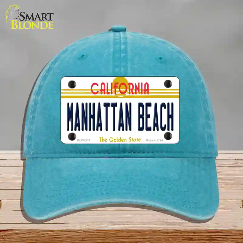 Manhattan Beach CA Novelty License Plate Hat Unconstructed Cotton / Lake Blue