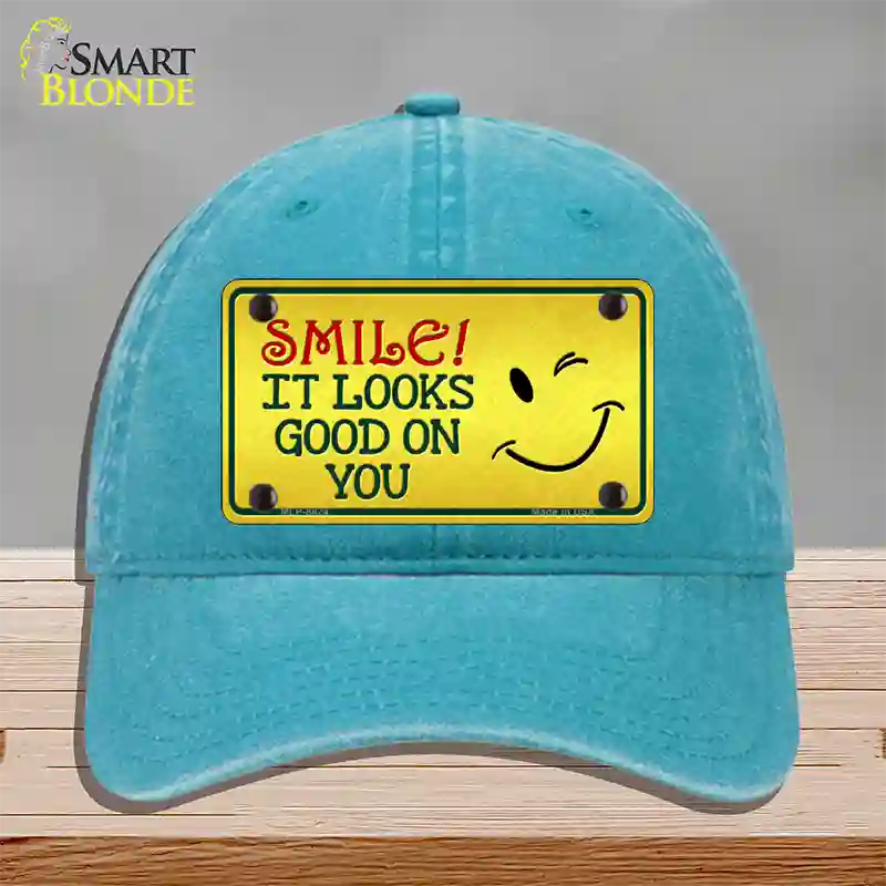 Smile Looks Good Novelty License Plate Hat Unconstructed Cotton / Lake Blue