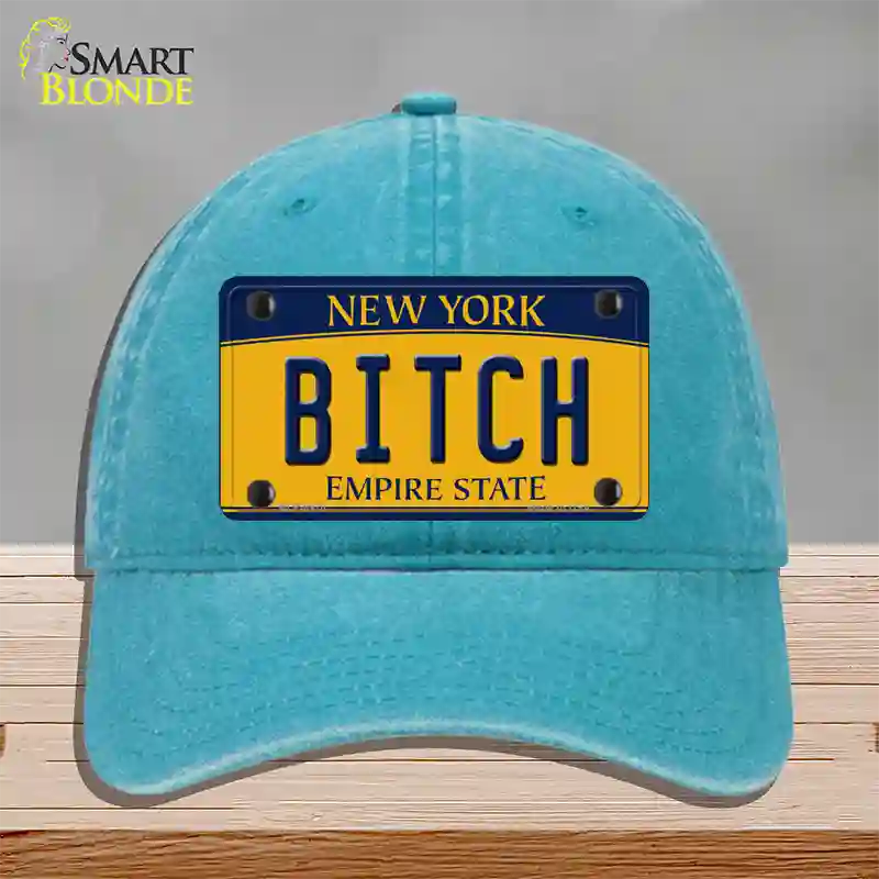 Bitch New York Novelty License Plate Hat Unconstructed Cotton / Lake Blue