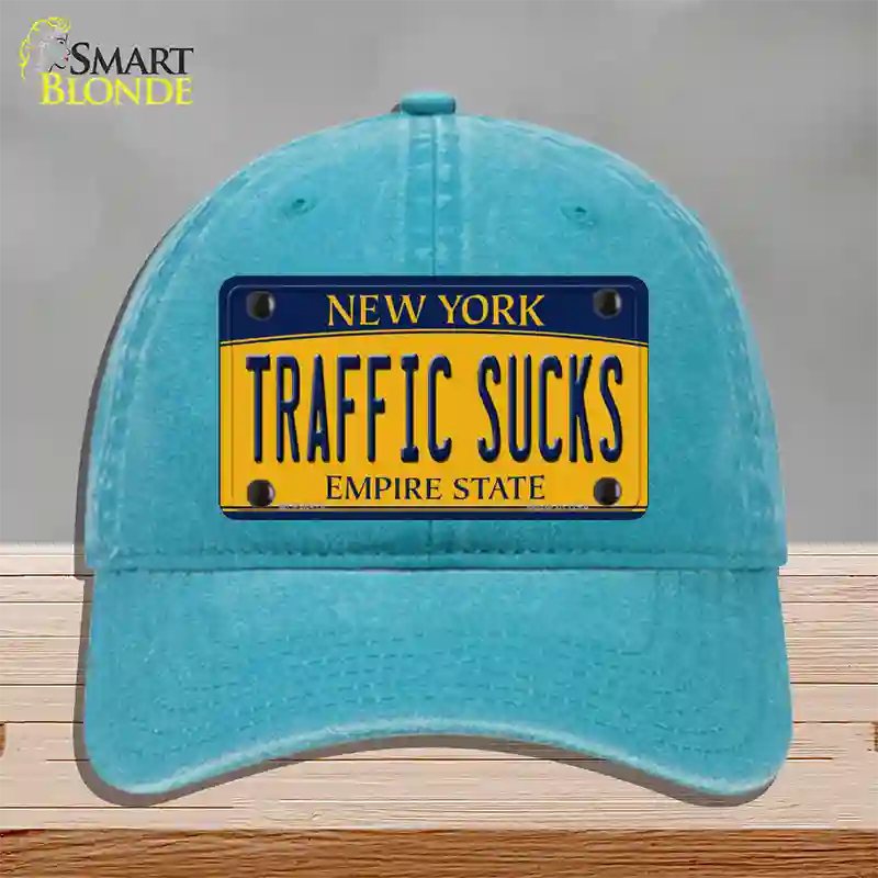 Traffic Sucks New York Novelty License Plate Hat Unconstructed Cotton / Lake Blue