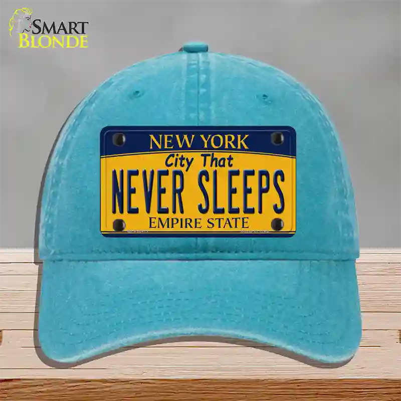 Never Sleeps New York Novelty License Plate Hat Unconstructed Cotton / Lake Blue