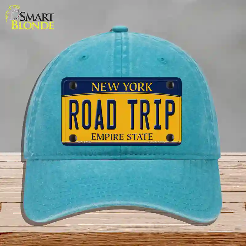 Road Trip New York Novelty License Plate Hat Unconstructed Cotton / Lake Blue