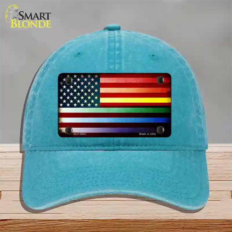 American Flag Rainbow Novelty License Plate Hat Unconstructed Cotton / Lake Blue