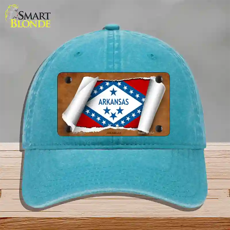 Arkansas Flag Scroll Novelty License Plate Hat Unconstructed Cotton / Lake Blue