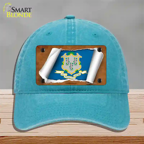 Connecticut Flag Scroll Novelty License Plate Hat Unconstructed Cotton / Lake Blue