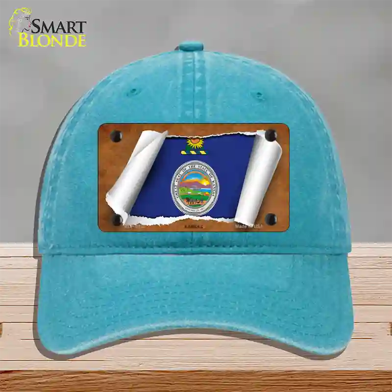 Kansas Flag Scroll Novelty License Plate Hat Unconstructed Cotton / Lake Blue