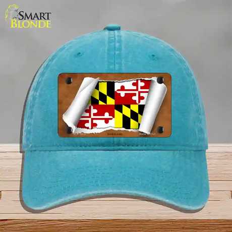 Maryland Flag Scroll Novelty License Plate Hat Unconstructed Cotton / Lake Blue