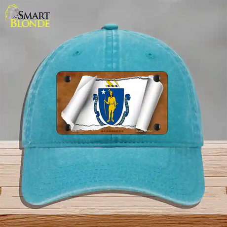 Massachusetts Flag Scroll Novelty License Plate Hat Unconstructed Cotton / Lake Blue