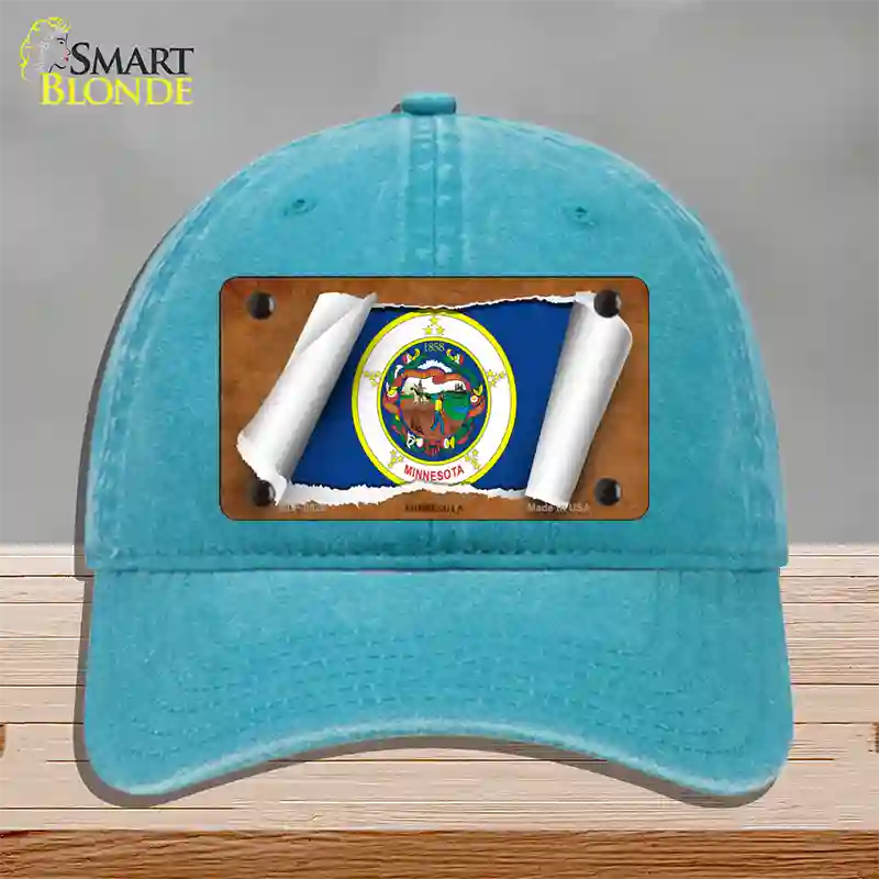 Minnesota Flag Scroll Novelty License Plate Hat Unconstructed Cotton / Lake Blue