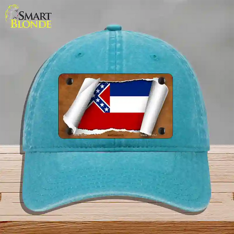 Mississippi Flag Scroll Novelty License Plate Hat Unconstructed Cotton / Lake Blue