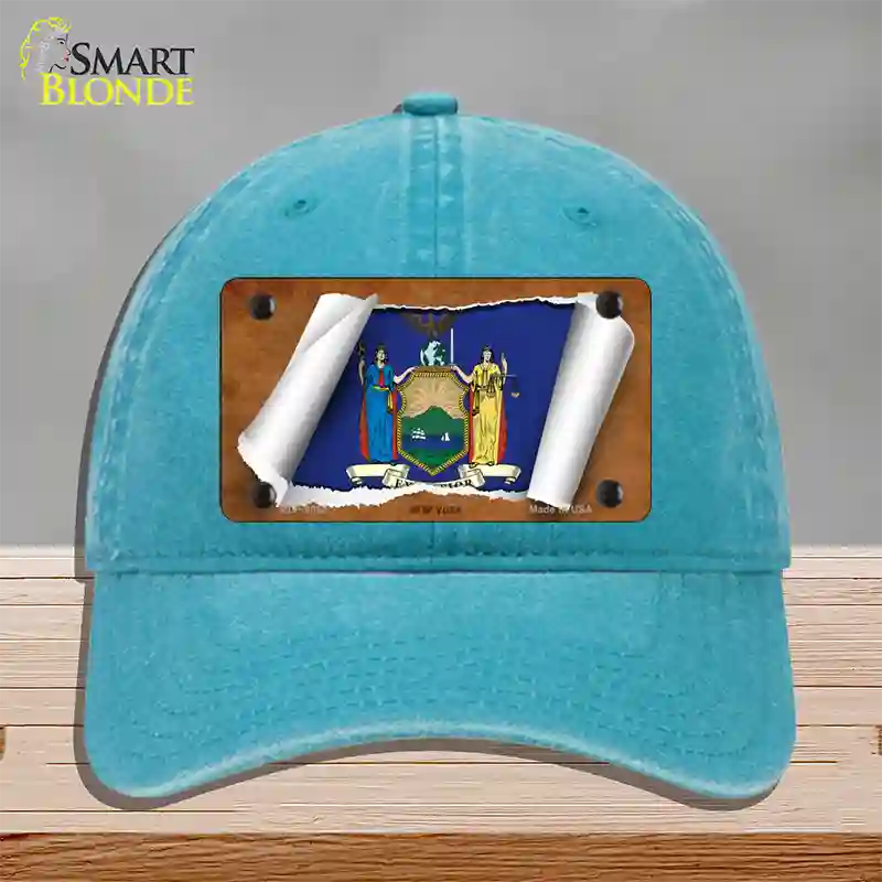 New York Flag Scroll Novelty License Plate Hat Unconstructed Cotton / Lake Blue